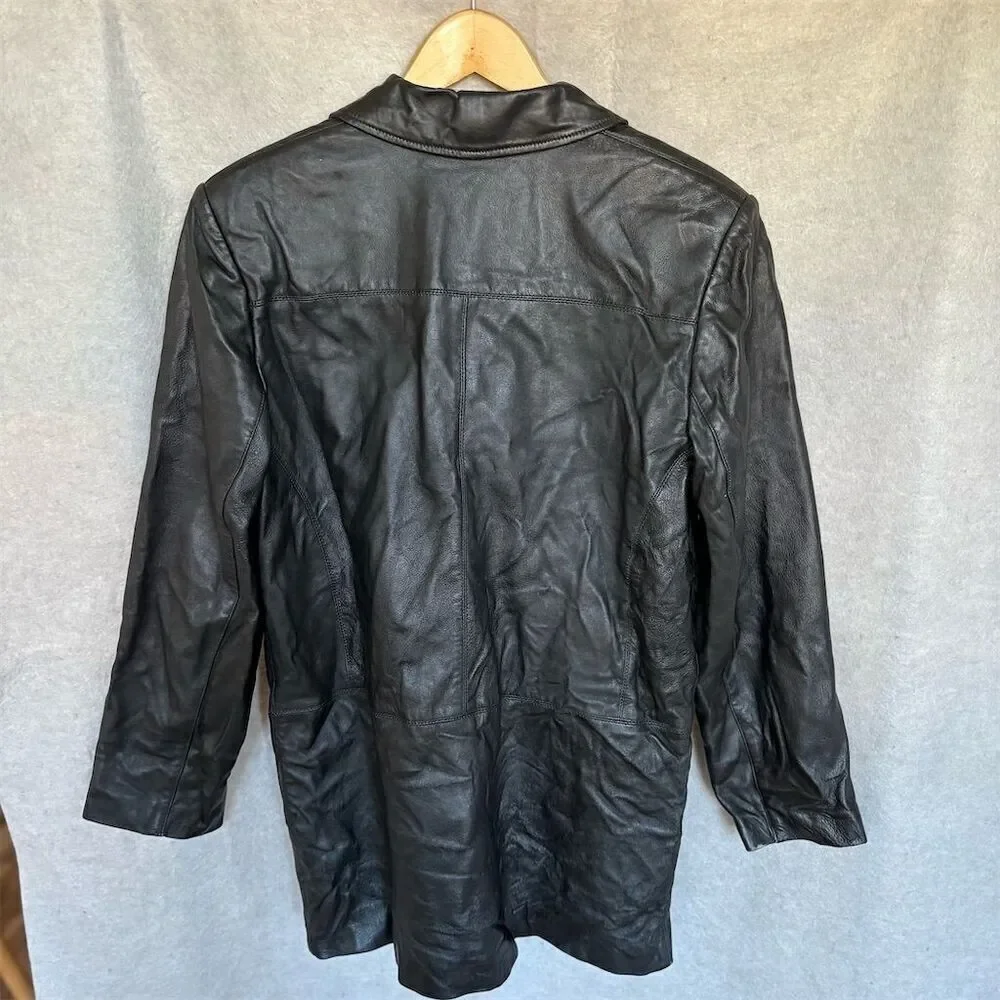 Vintage Margaret Godfrey Black Leather Mid-Length Jacket Size M Button-Up